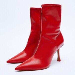 Zara Mid-Heel Leather Ankle Boots Red Size-7,5